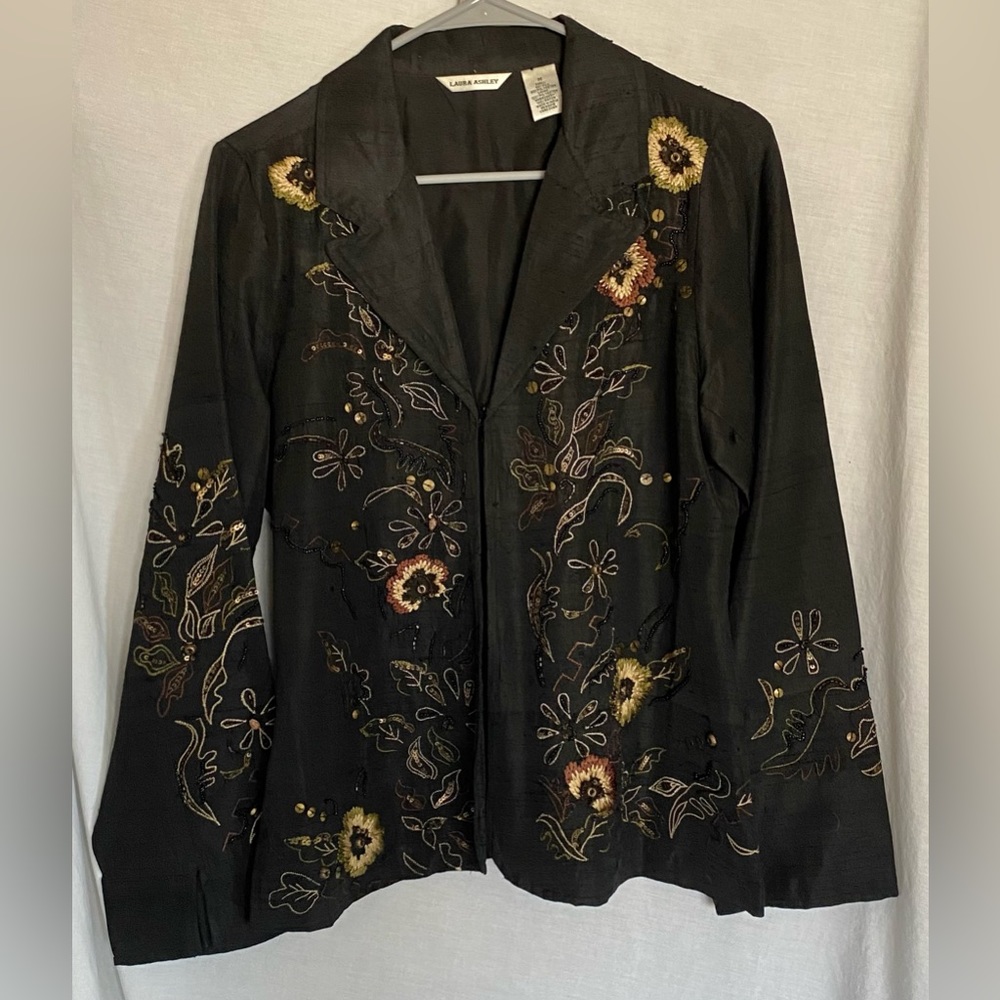 Laura Ashley Silk blend chocolate brown embroidered, beaded jacket. Size Medium.